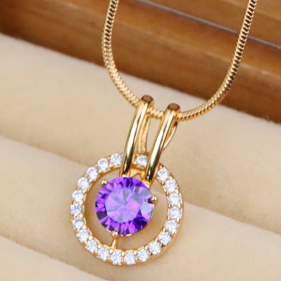 "Radiant Purple Halo Pendant in Gold Plated Brass with Crystal Ring, XPPT1711 - Picture 1 of 13